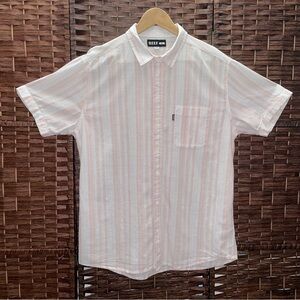 Reef Men's Light Pink Striped Casual Shirt, 100% Cotton, Size L.